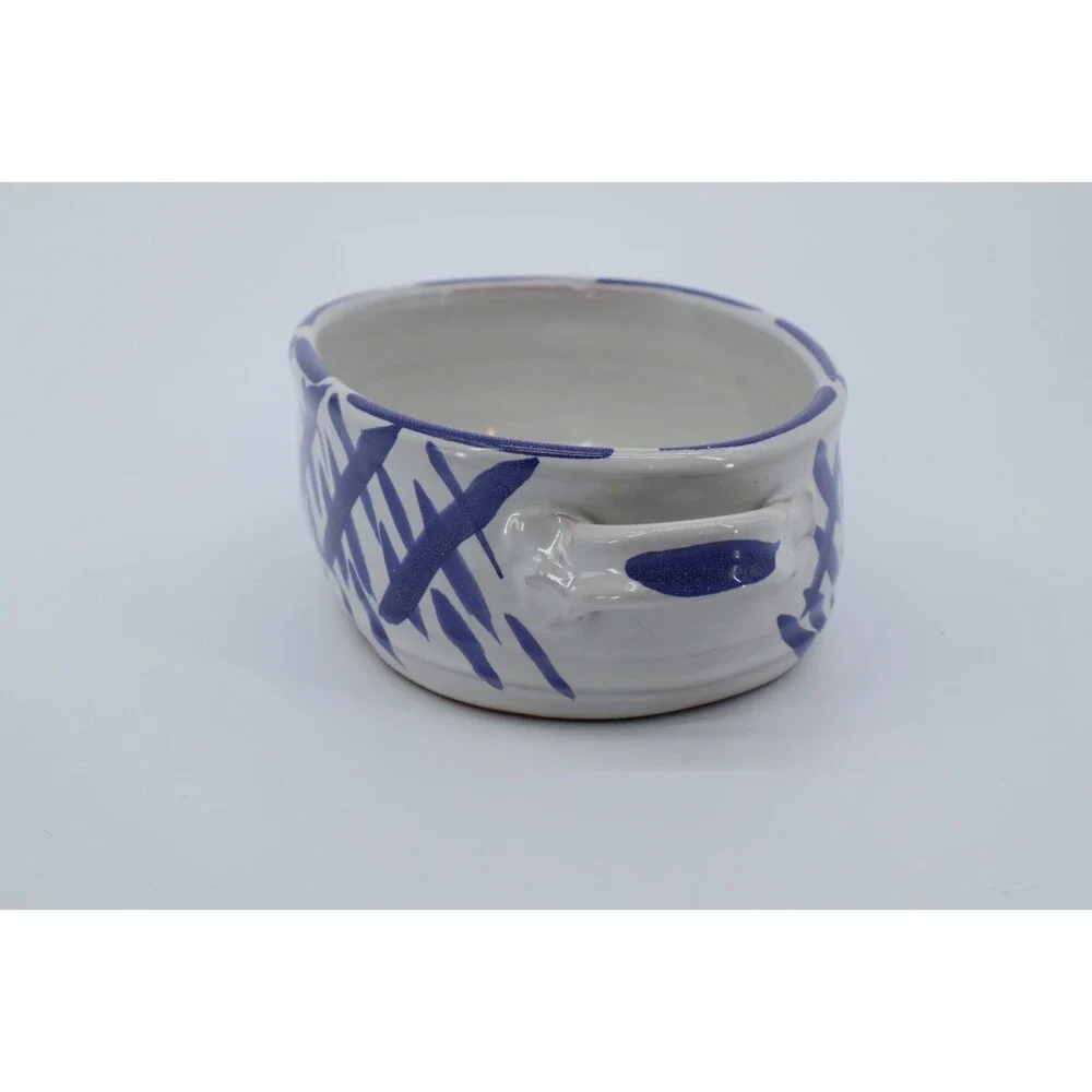 Signed Studio Pottery Oval Baker Blue White Crosshatch Ceramic Dish 1970s